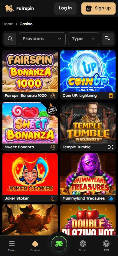 Fairspin Casino games experience on a mobile phone