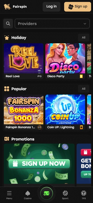 Fairspin Casino home experience on a mobile phone